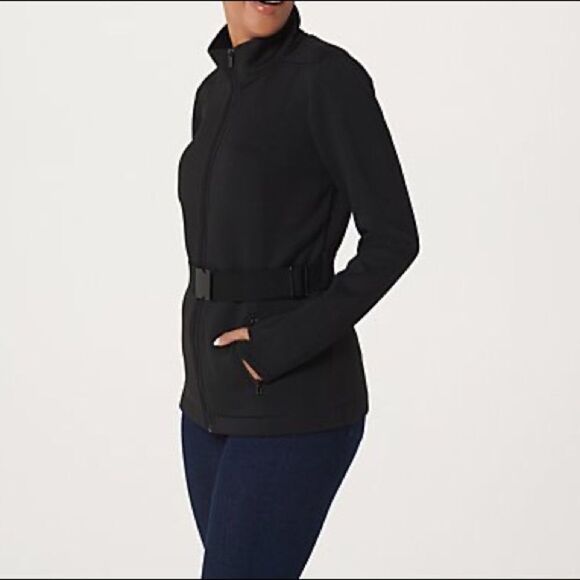zuda Belted Scuba Knit Zip Front Jacket